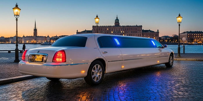 Foto på en vit limousine i förgrunden med Stockholms slott i bagrunden.
